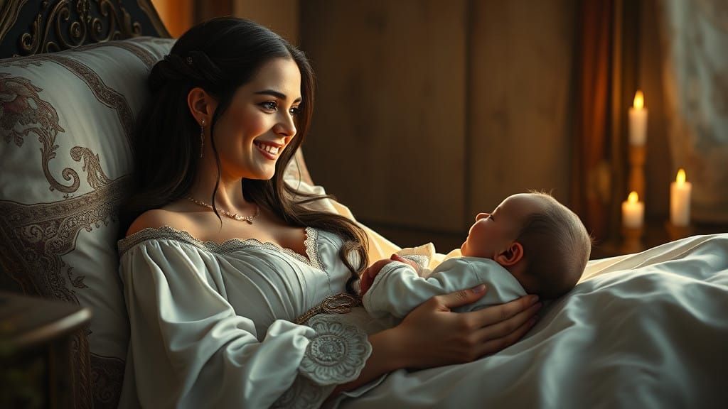 Medieval Queen Cradles Baby in Dreamlike 8K Fantasy Scene