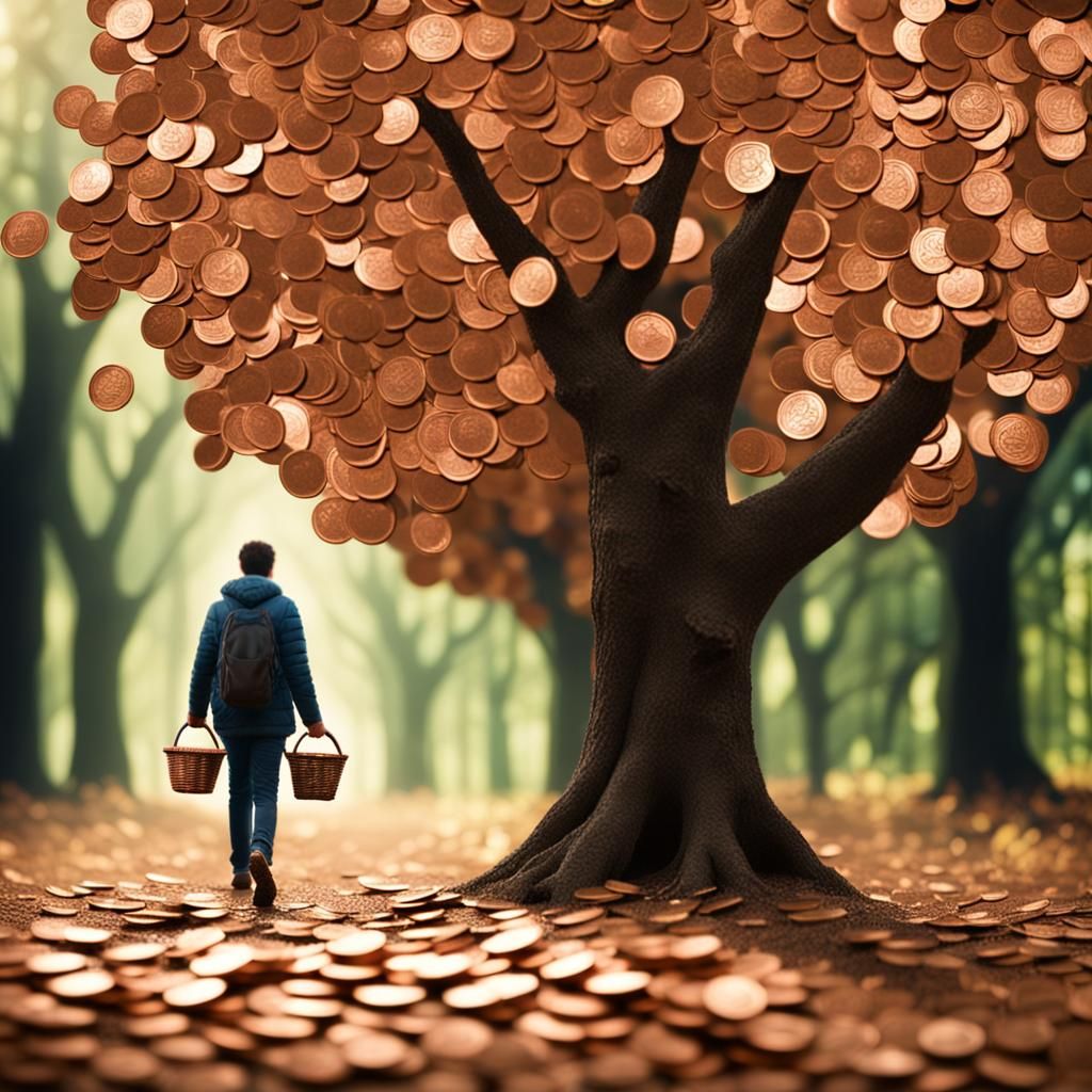 money tree forest, copper Pennies as a path, a person walking with a basket full
Of money