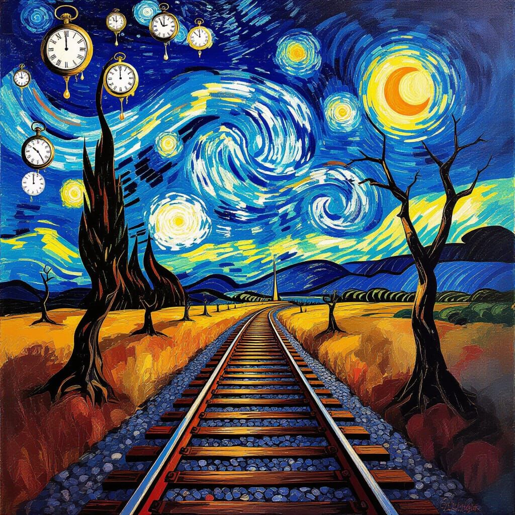 Surreal Melting Watches Landscape in Van Gogh Style