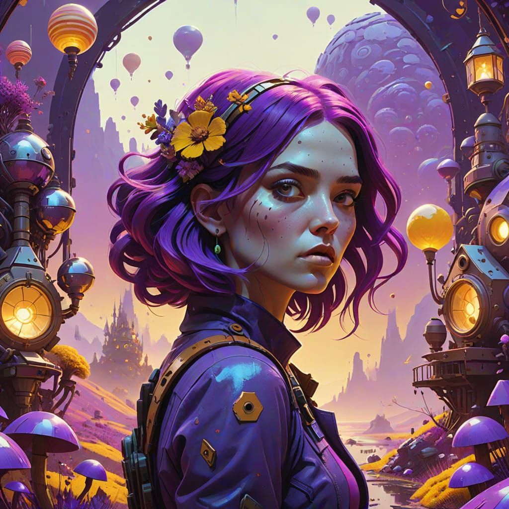 Electric Dream Goddess in a Whimsical Purple Realm