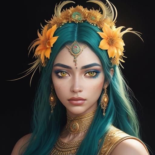 Metallic Woman with Peacock Feathers in Film Grain Style