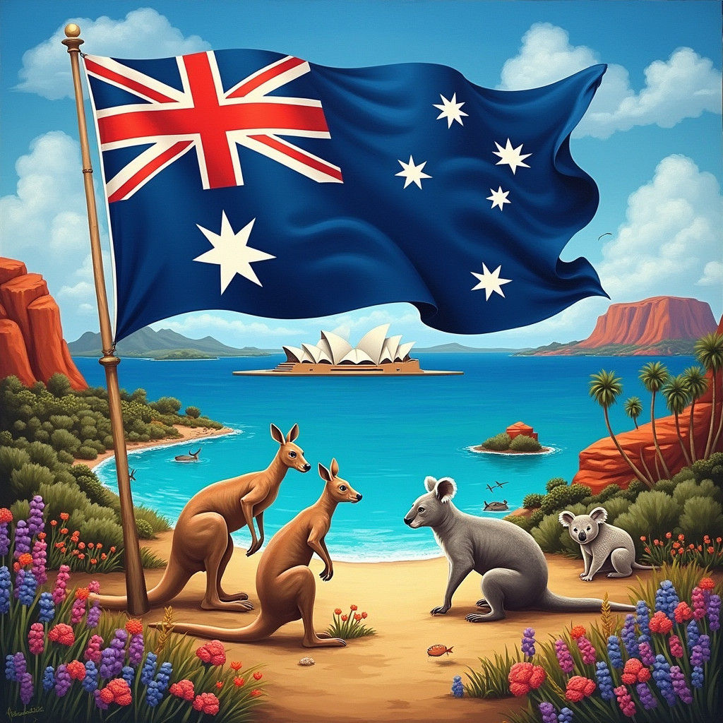 Australian Flag Waving Proudly Over Iconic Landscapes