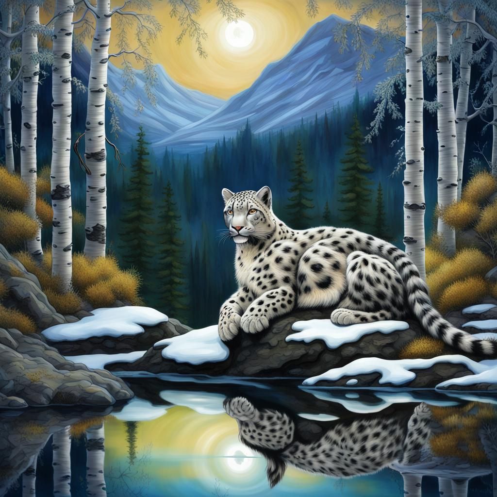 Snow Leopard and Raven in Aspen Forest