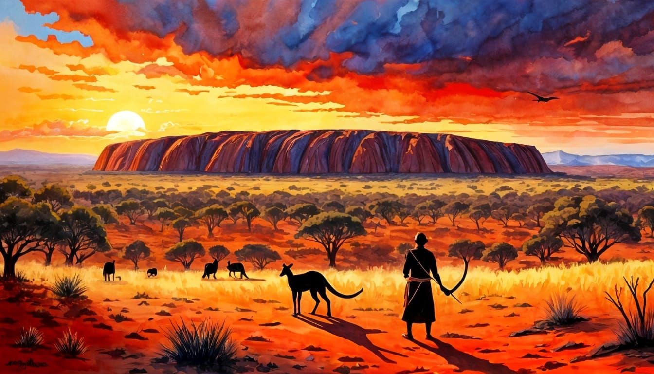 Australian Outback Sunset Watercolor Painting