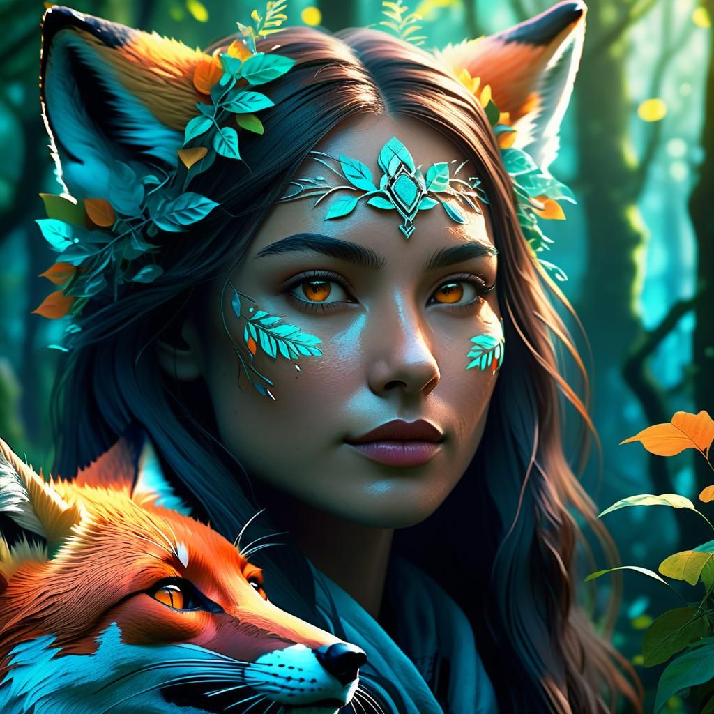 Mystical Fox Woman in Forest: Fantasy Art Portrait