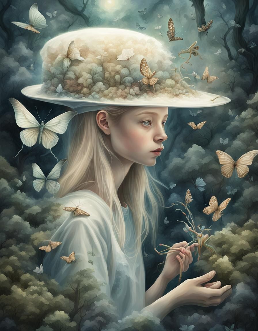 Mystical Forest Encounter: Girl and Praying Mantis