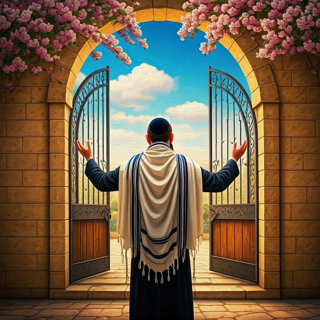 Devout Figure Before Ornate Gate as Old Master Painting