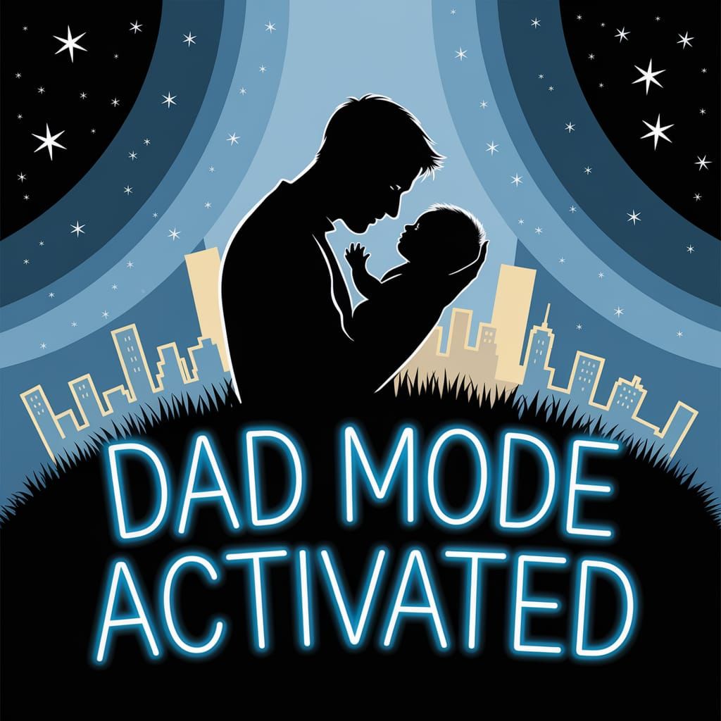 Silhouette of Father and Baby with Neon Text
