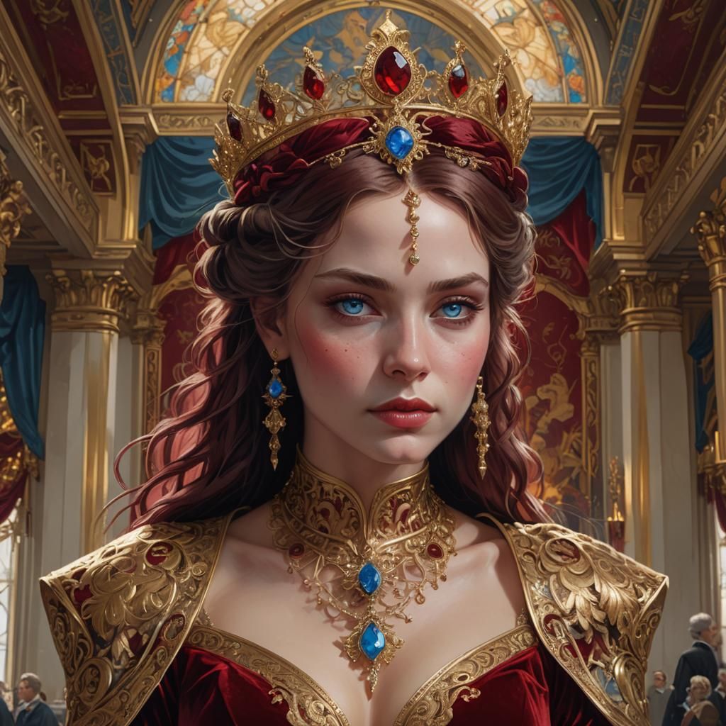 Regal Queen in Opulent Gown, Hyperdetailed Portrait