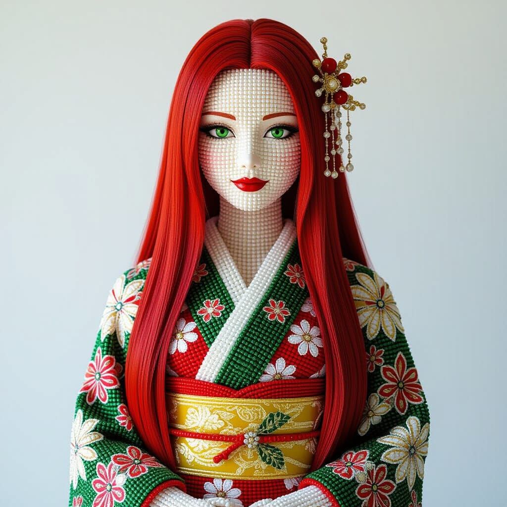 Beaded Japanese Woman with Red Hair