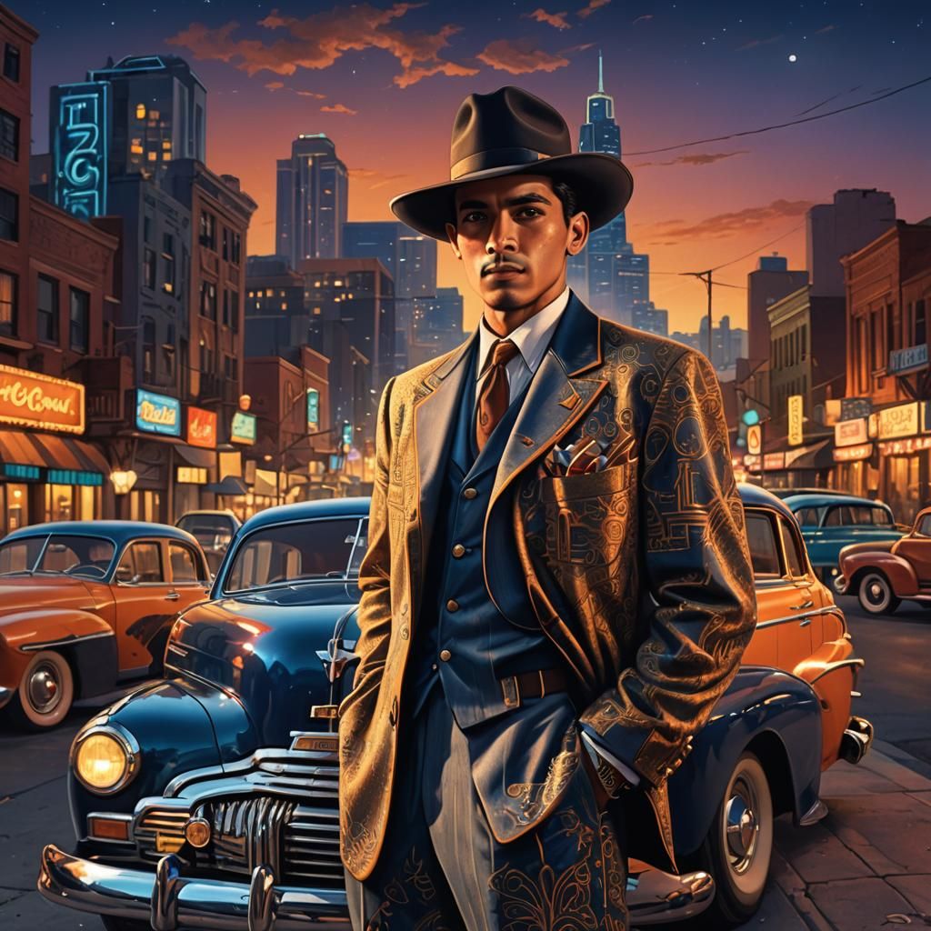 Mexican Zoot Suiter with 1940s Chevy in Cityscape