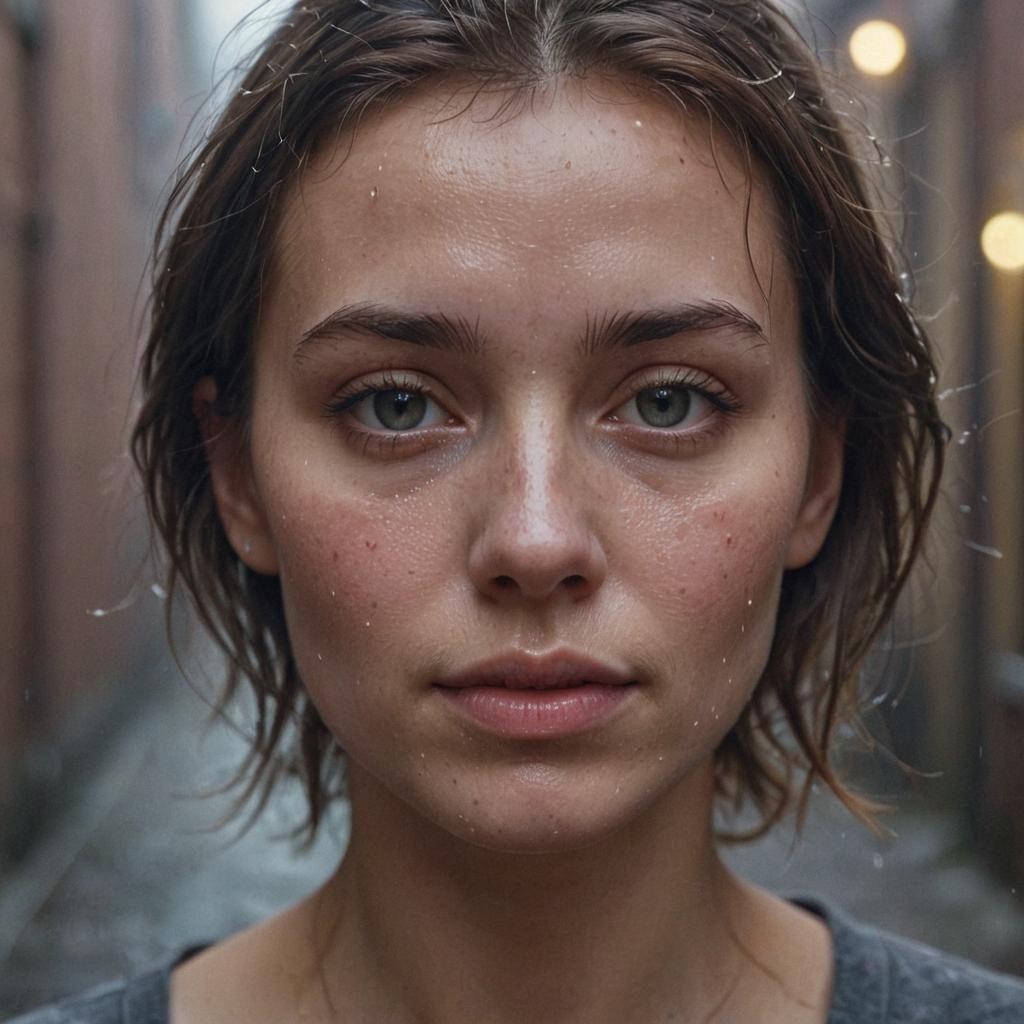 Hyperrealistic Portrait of Woman in Foggy Alleyway