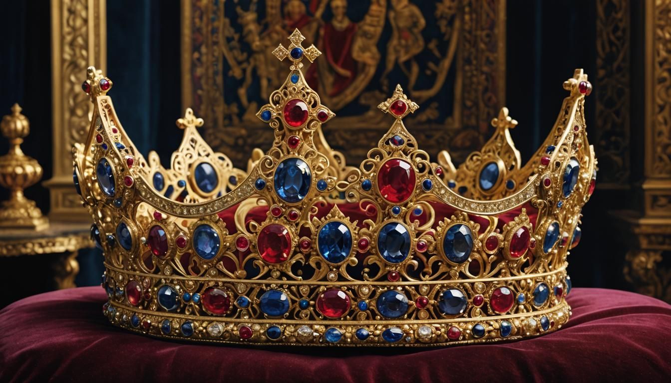 Ornate Jeweled Crown on Velvet Cushion