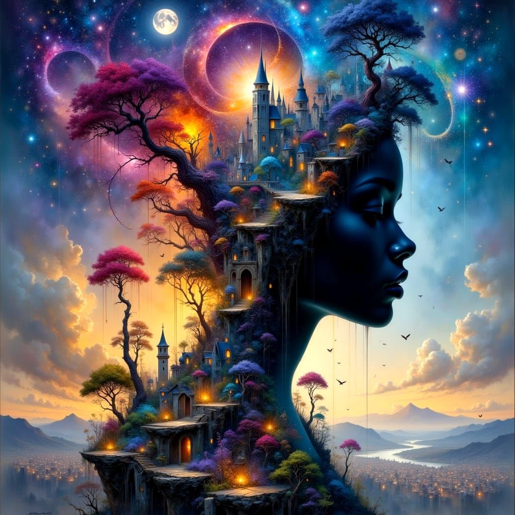 Galaxy Drips into Cityscape Silhouette Princess Head