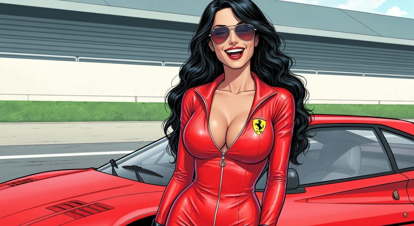 Italian Model in Red Catsuit at Monza, Comic Art