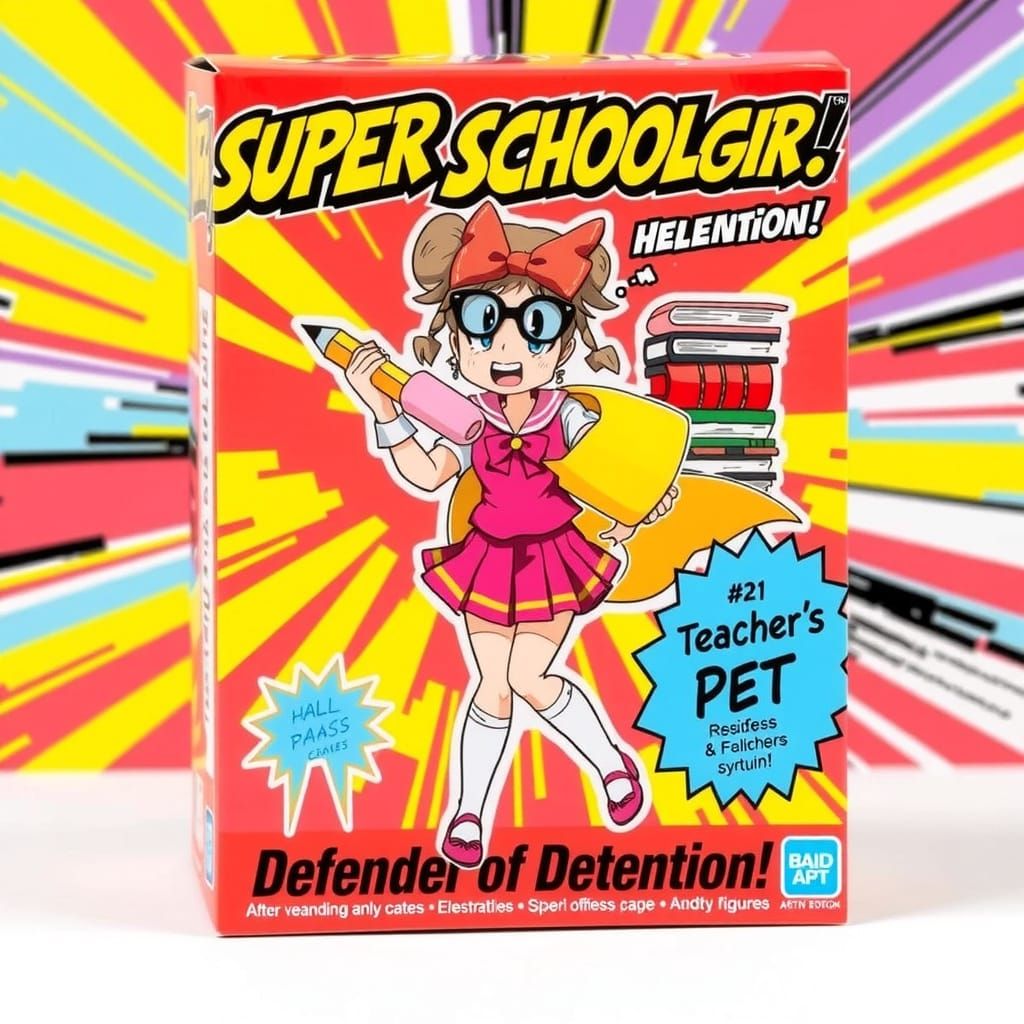 Lighthearted Pop Art Action Figure Box with Cartoonish Schoo...