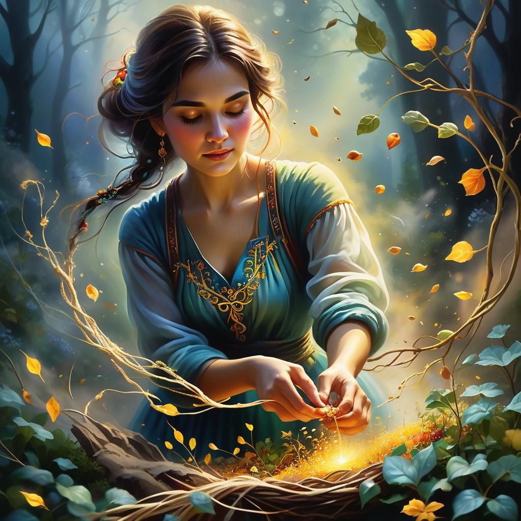 Ethereal Woman Weaving Seasons in Renaissance Style