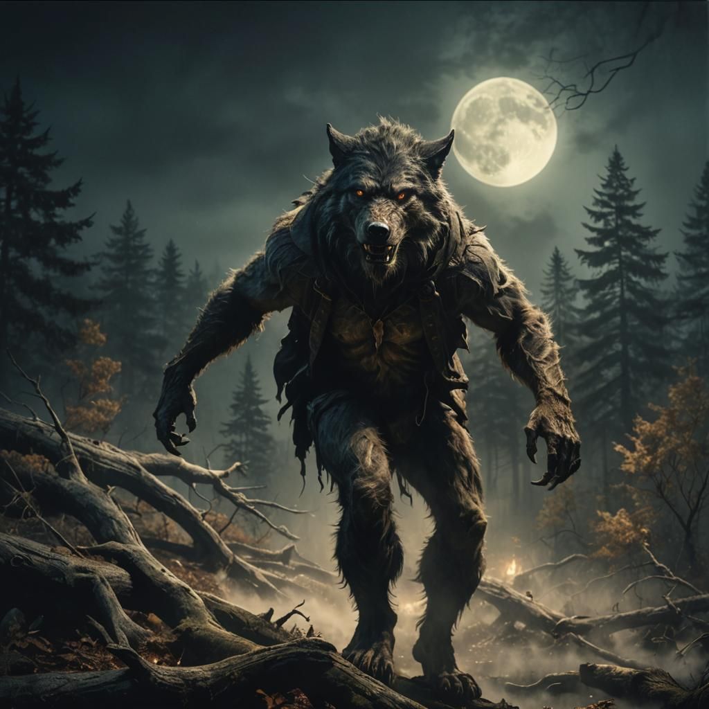 Werewolf in Misty Forest: Dark Fantasy Illustration