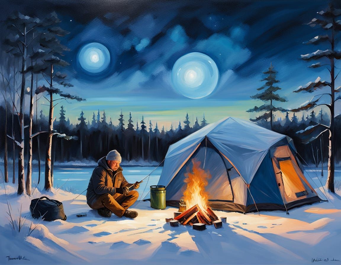Winter Camping Scene with Ice Fisher in Latvian Forest