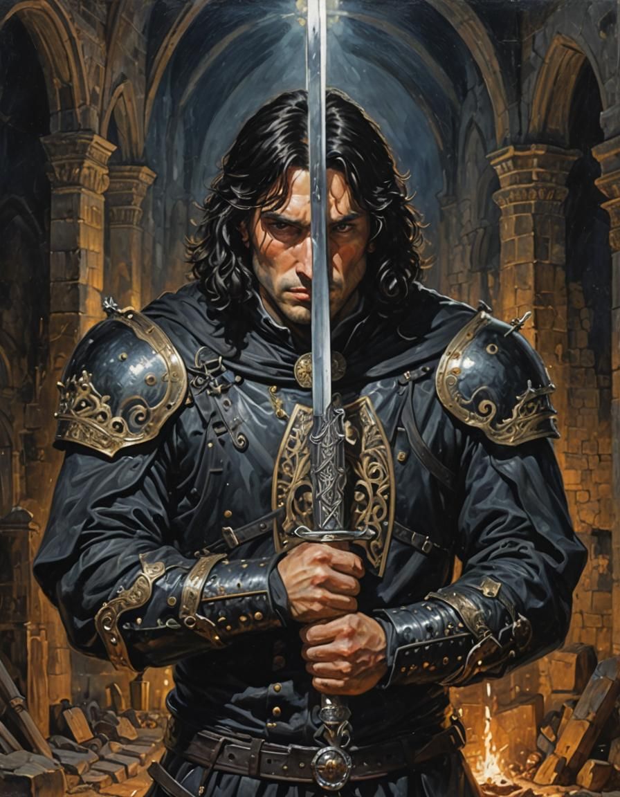 Noble Warrior with Sword in Church Ruins