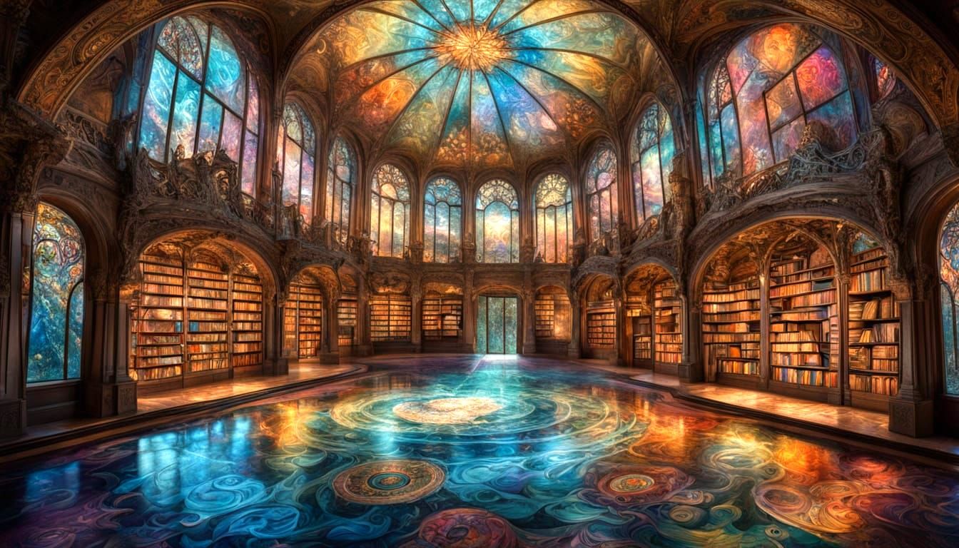 Surreal Library with Waterfalls and Books in Art Nouveau Sty...