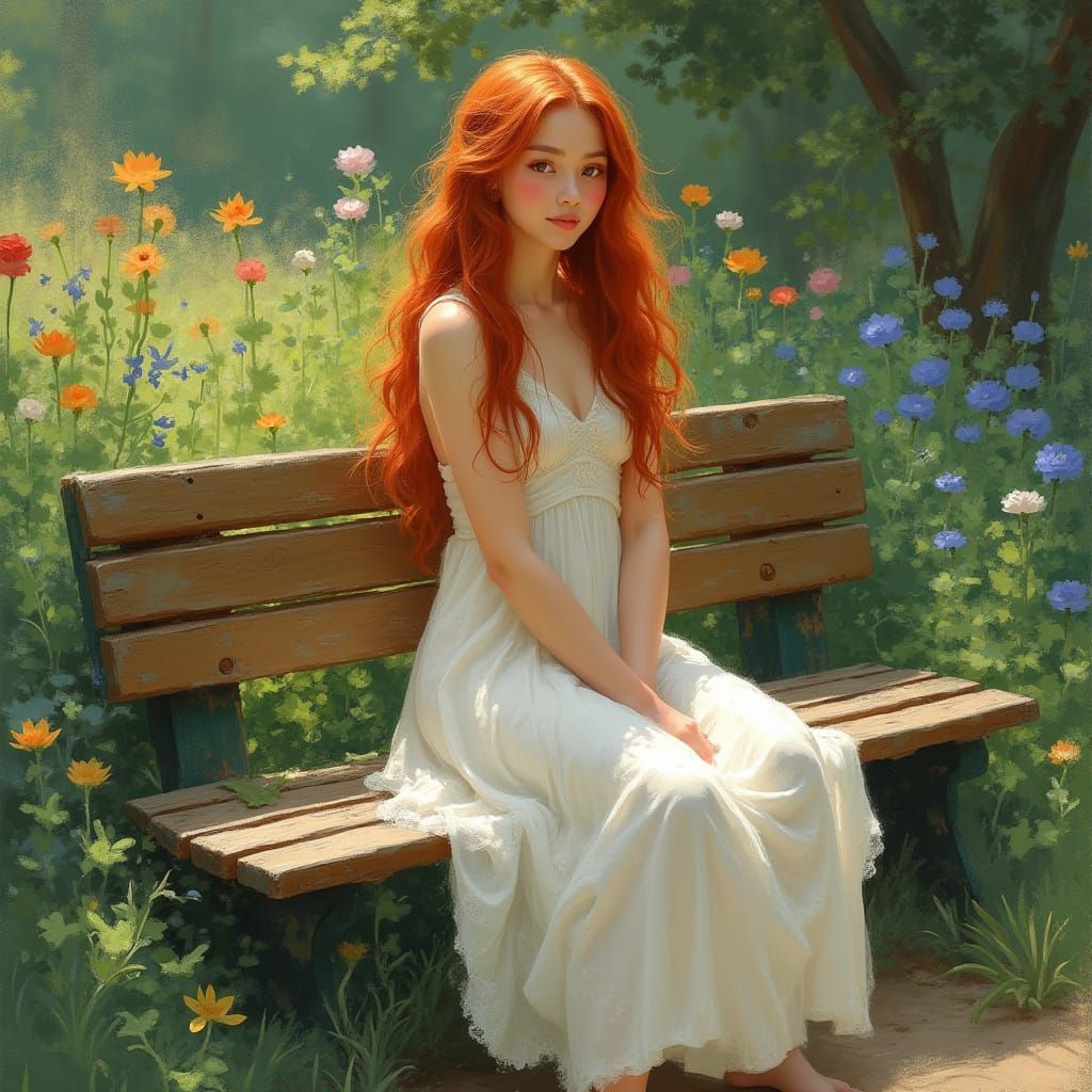 Surreal Redheaded Woman in Impressionist Park Scene