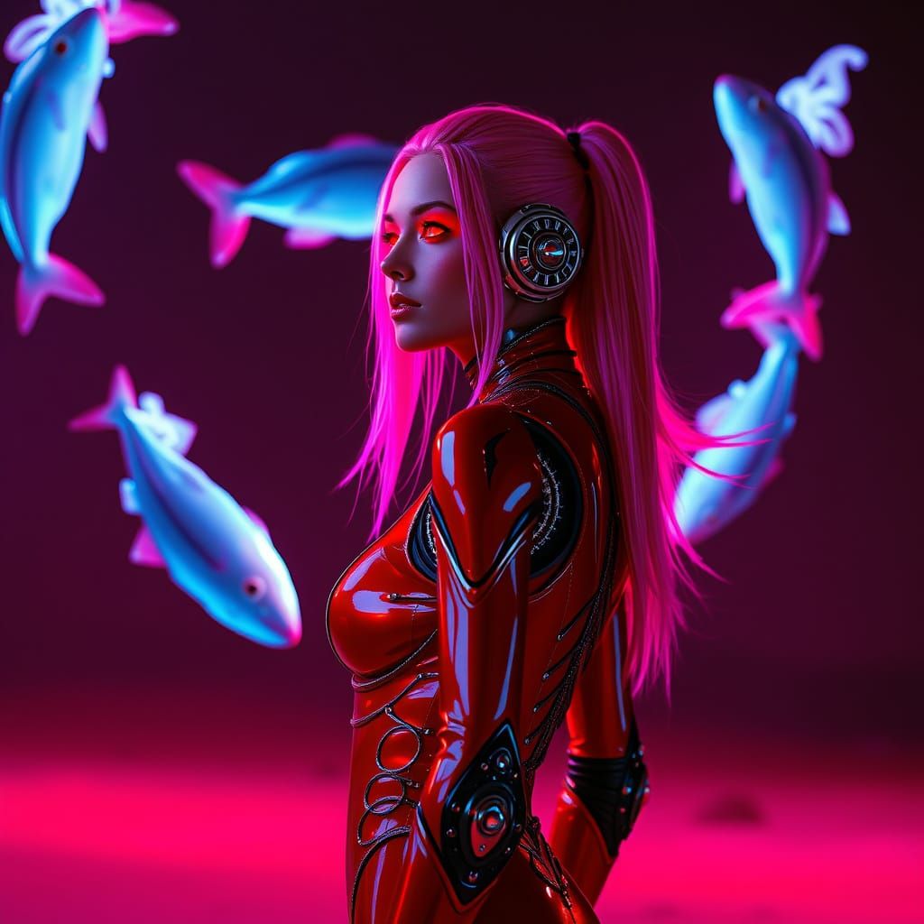 Cyberpunk Android in Red Latex, Neon Desert