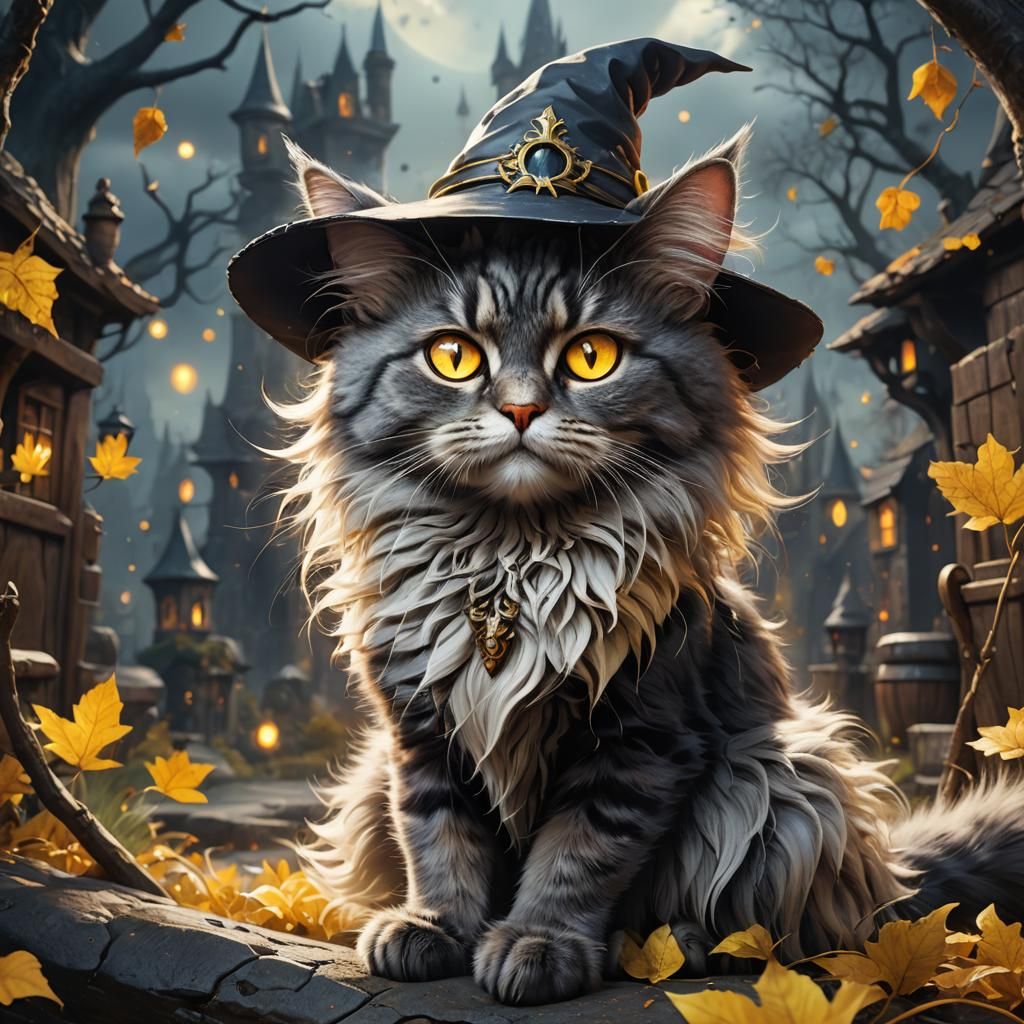 Cute Witch Cat with Big Yellow Eyes