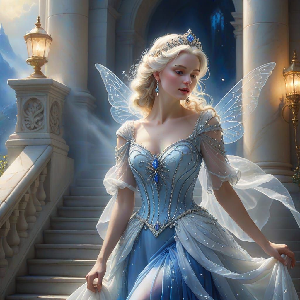 Fairy Queen Descends Misty Staircase in Soft Light