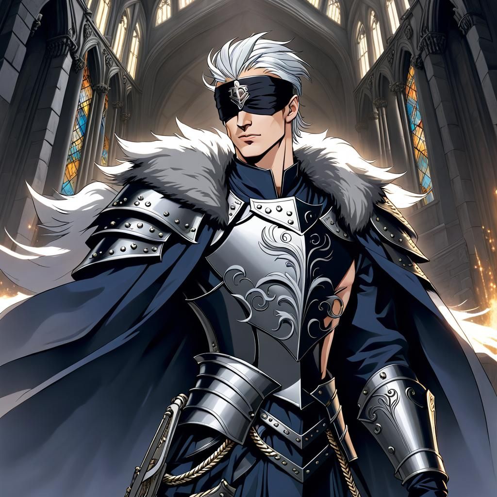 Blindfolded Knight in Anime Style with Wolf Pelt