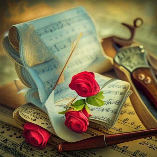 vintage image, rice paper decoupage, romantic music scene, musical instrument, rosses on sheet music wall, intricately d...