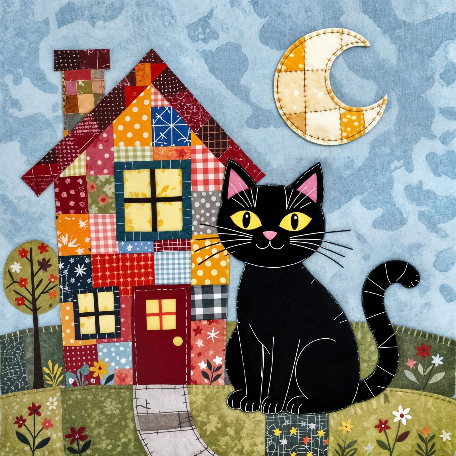 Patchwork Cat and House in Folk Art Style
