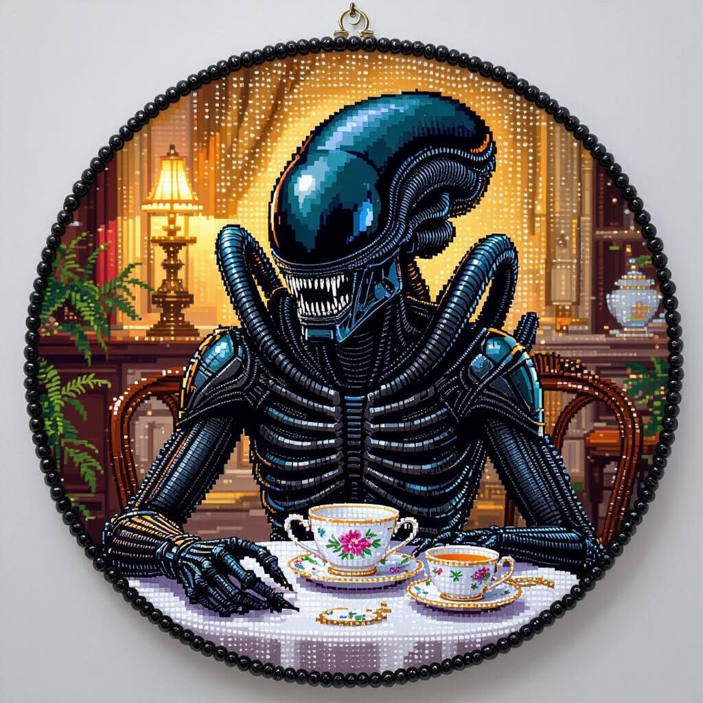 Terrifying Alien Xenomorph at Tea Party, Beaded Image