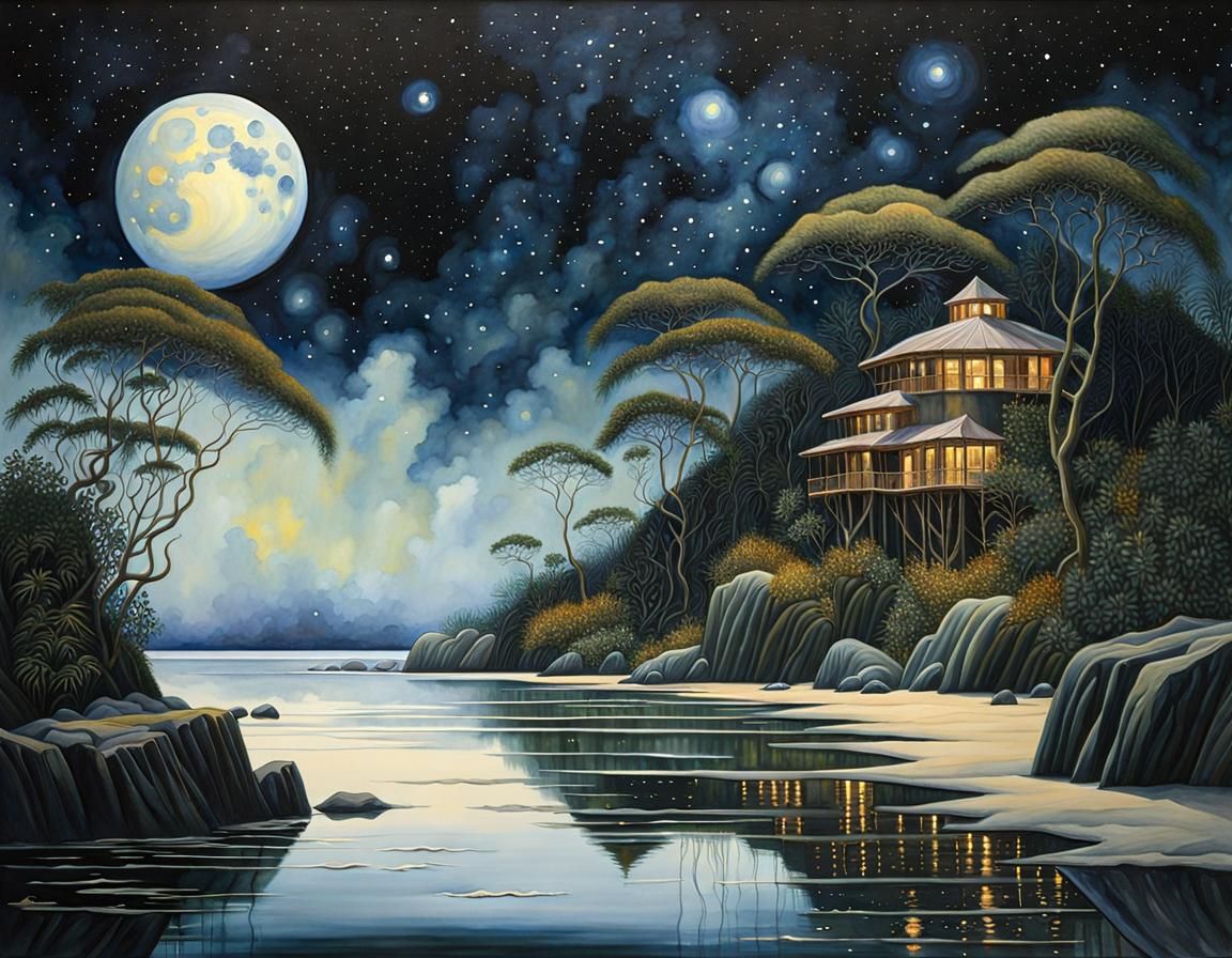 Surreal Jungle Shoreline Under Starry Skies