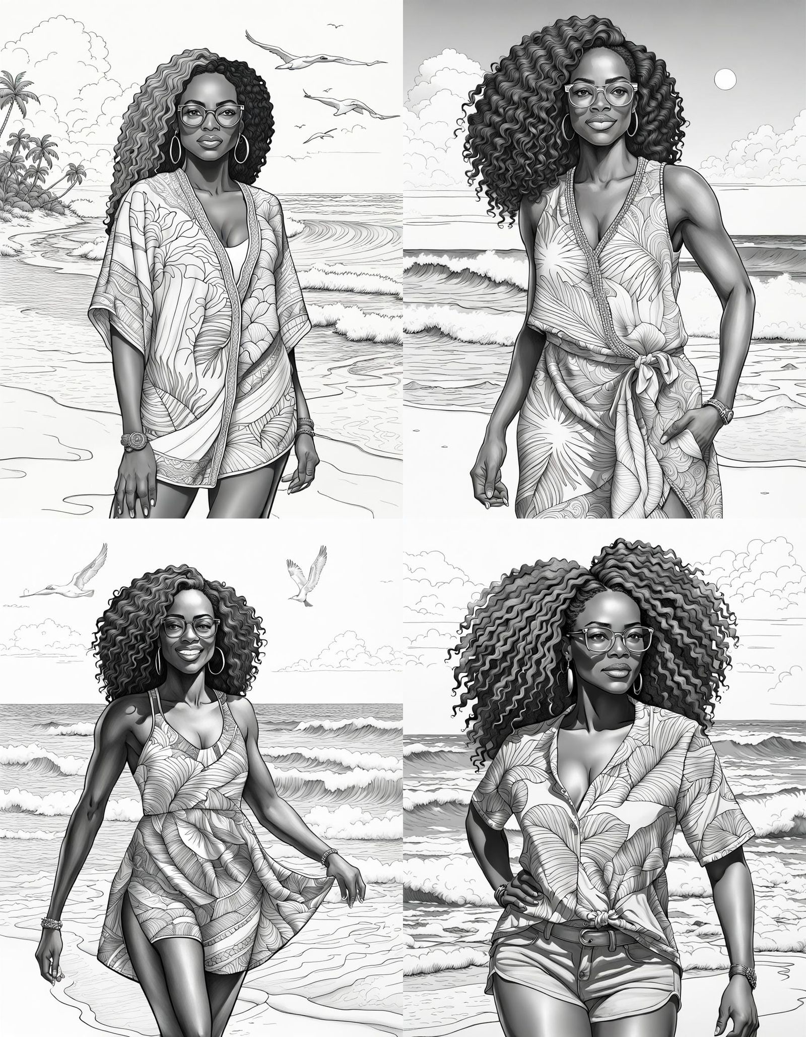African American Woman on Tropical Beach Coloring Page