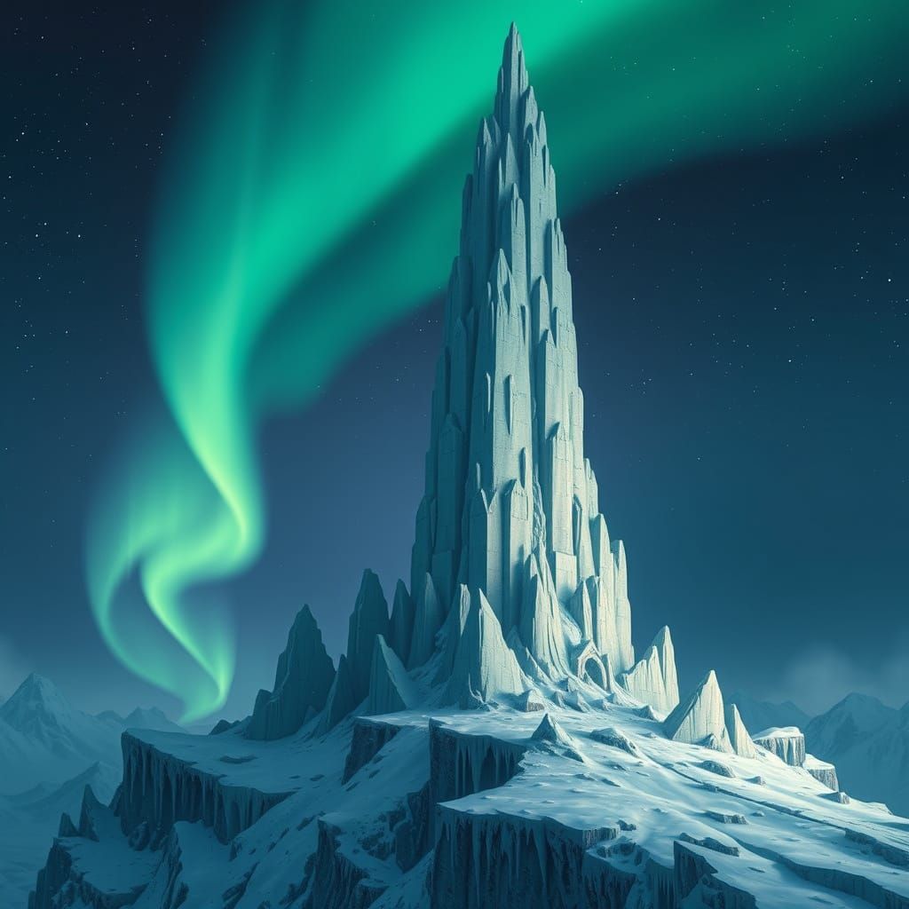 Icy Spire Under Aurora, in Retro-Futuristic Style