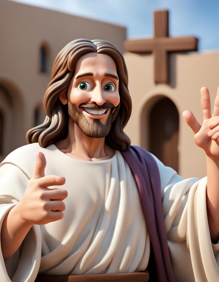 Cartoon Jesus Smiling and Waving: A CGI Portrait