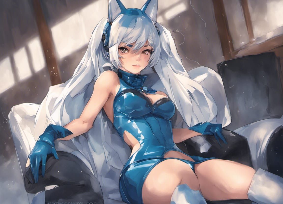 Confident Anime Woman in Blue Latex Outfit