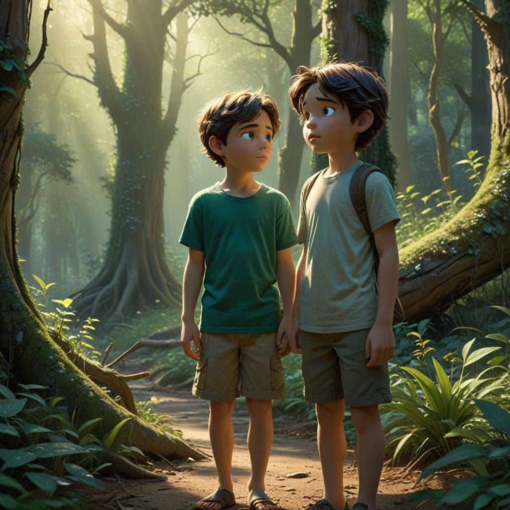 Whimsical Children in Forest, Rendered in Vibrant Computer-G...