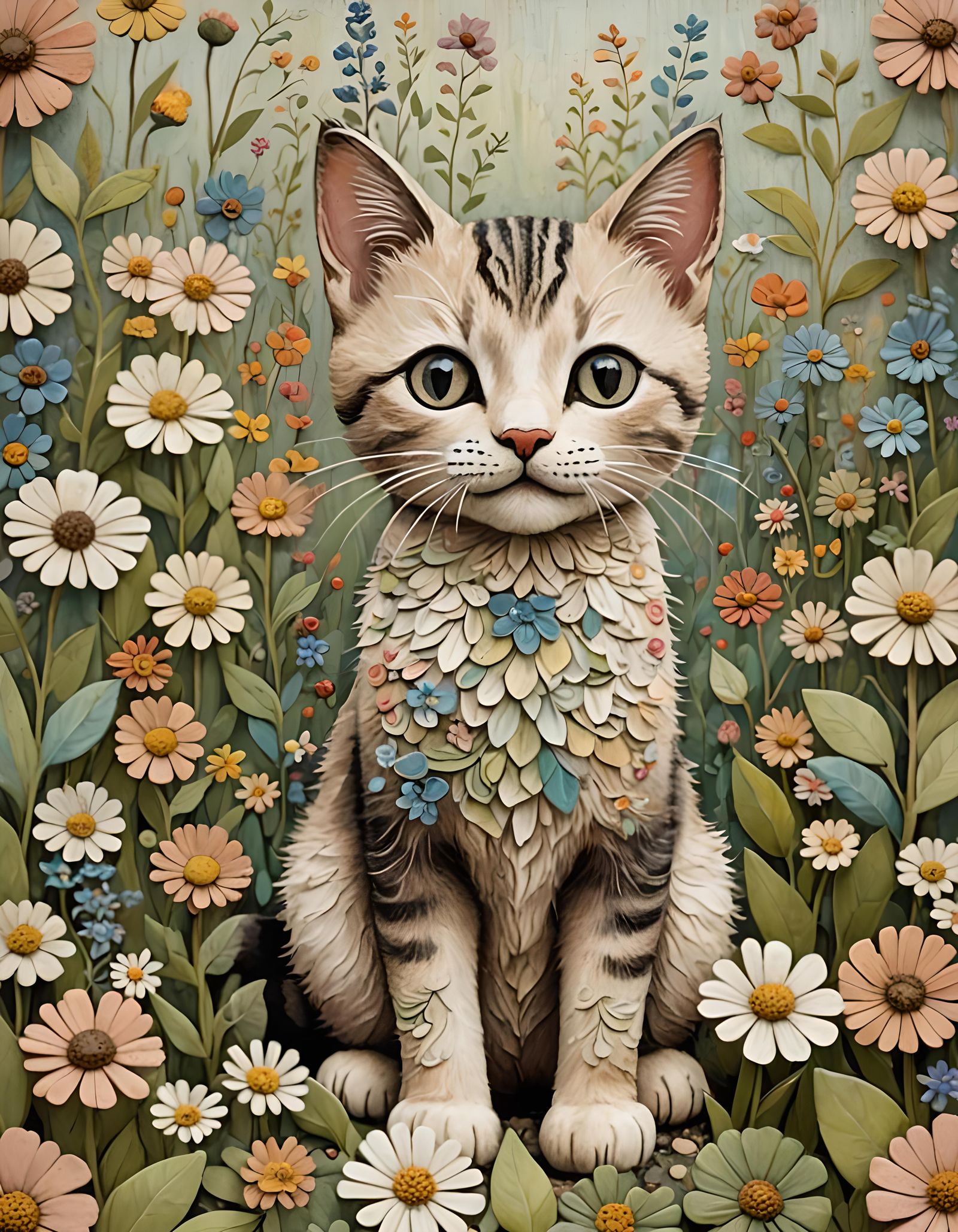 Adorable Kitten in Folk-Art Flower Garden