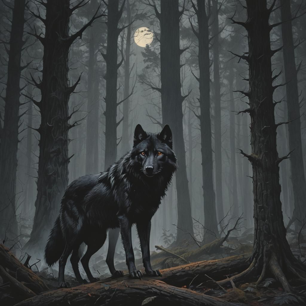 Black Wolf in Dark Forest, Sinister Fantasy Art