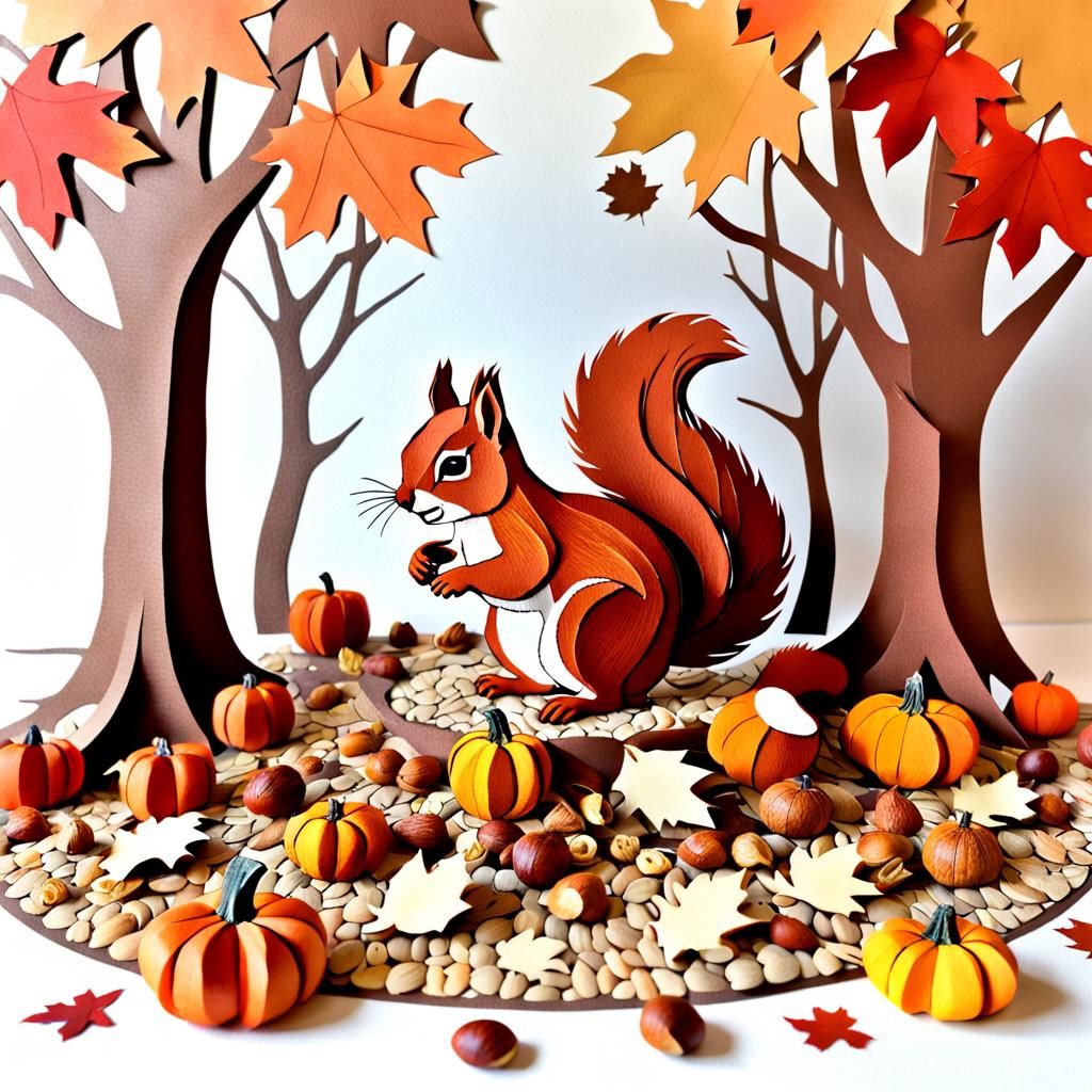 Red Squirrel Feast: Paper Art Collage