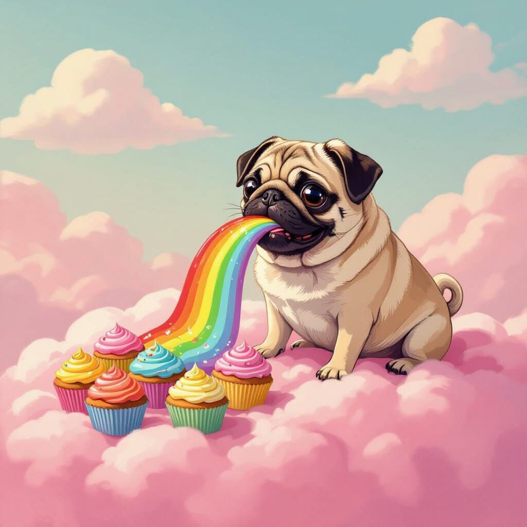 Cute Pug Pooping Rainbow Cupcakes on Pink Cloud
