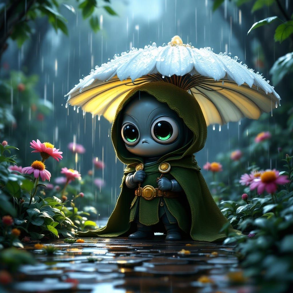 Adorable Chibi Dr. Doom Finds Solace Under a Dew-Kissed Dais...