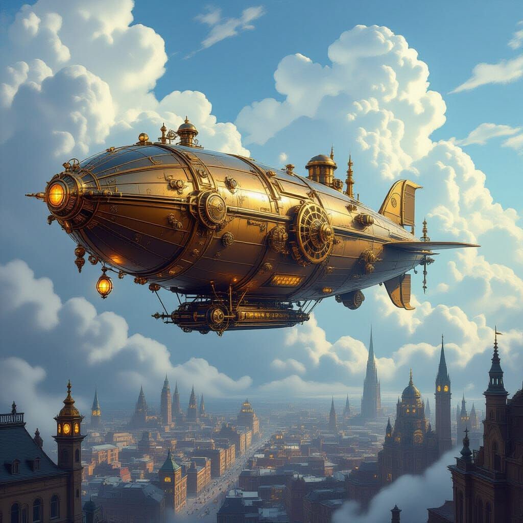 Steampunk Airship Over Victorian Metropolis