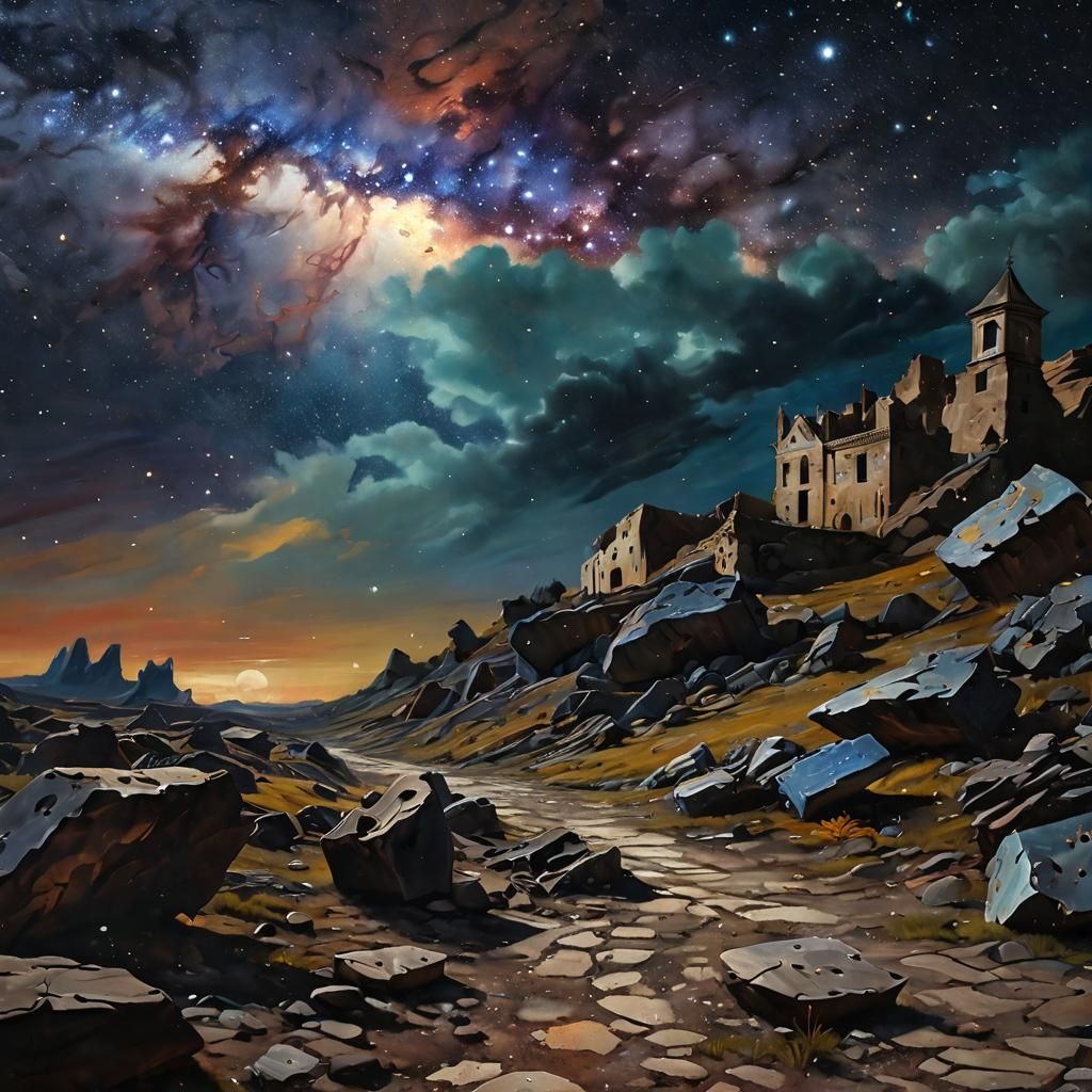 Baroque Painting of Starry Sky with Derelict Satellites