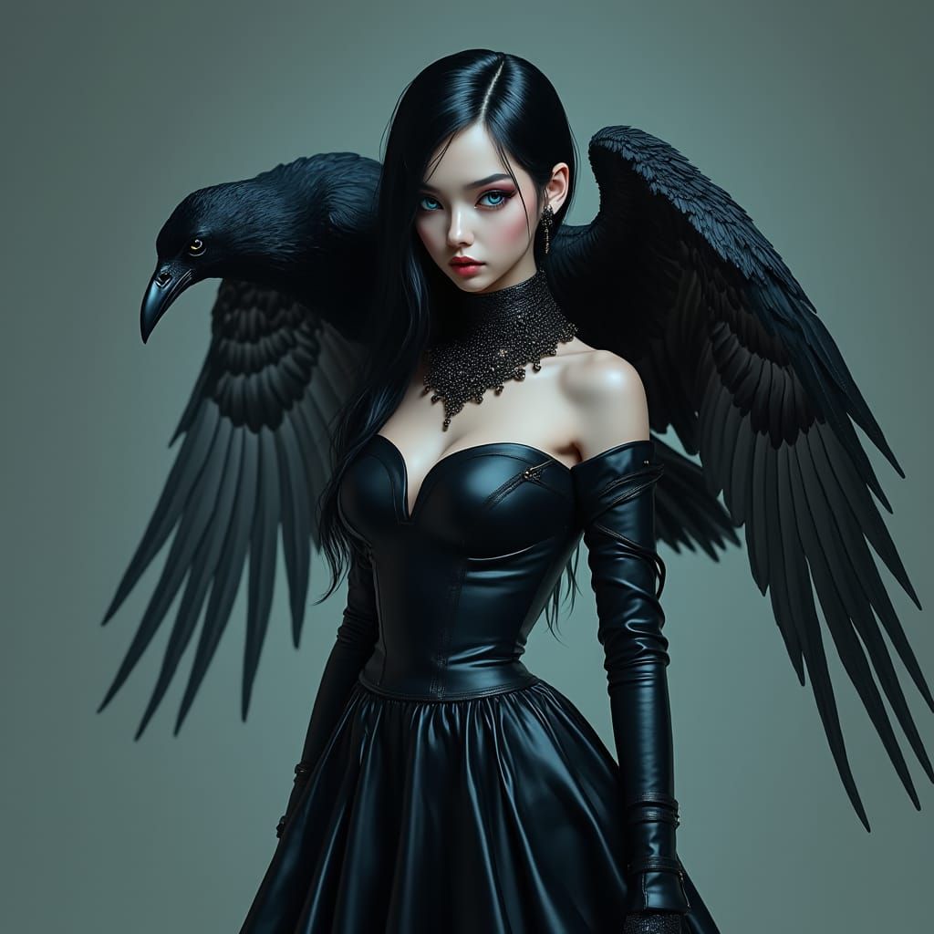 Mysterious Girl with Crow in Dark Fantasy Style