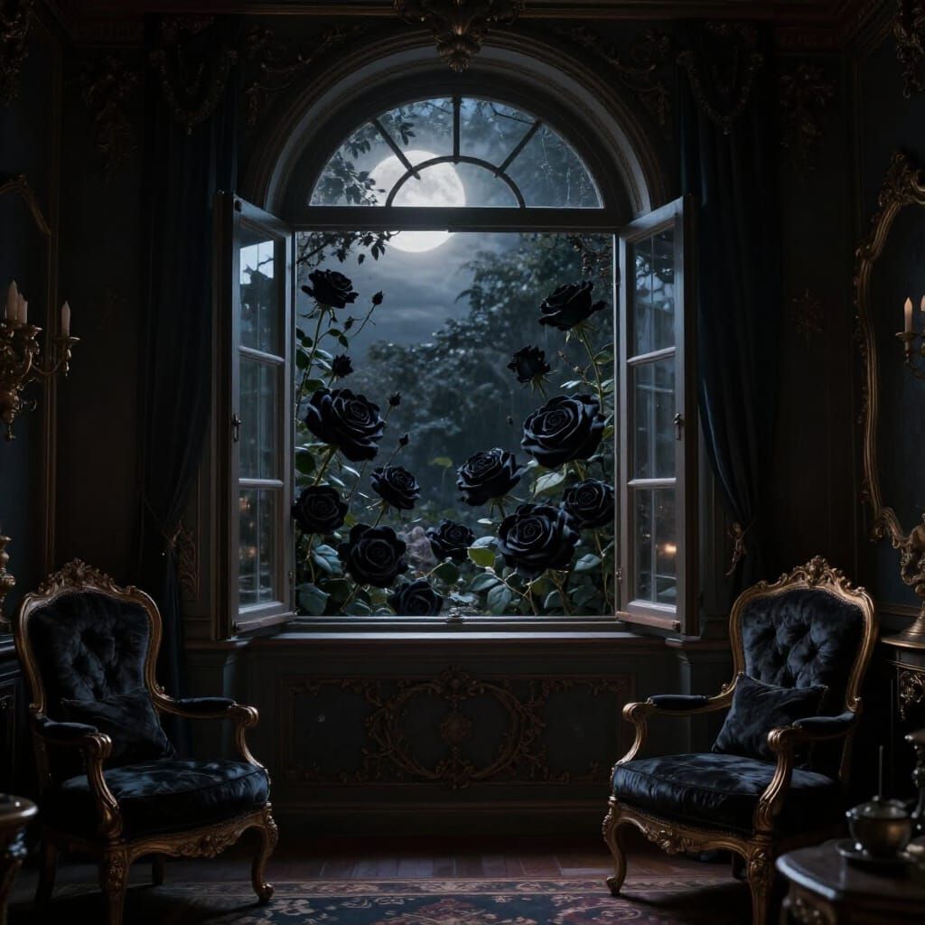 Maximalist Room Interior with Dark Garden View