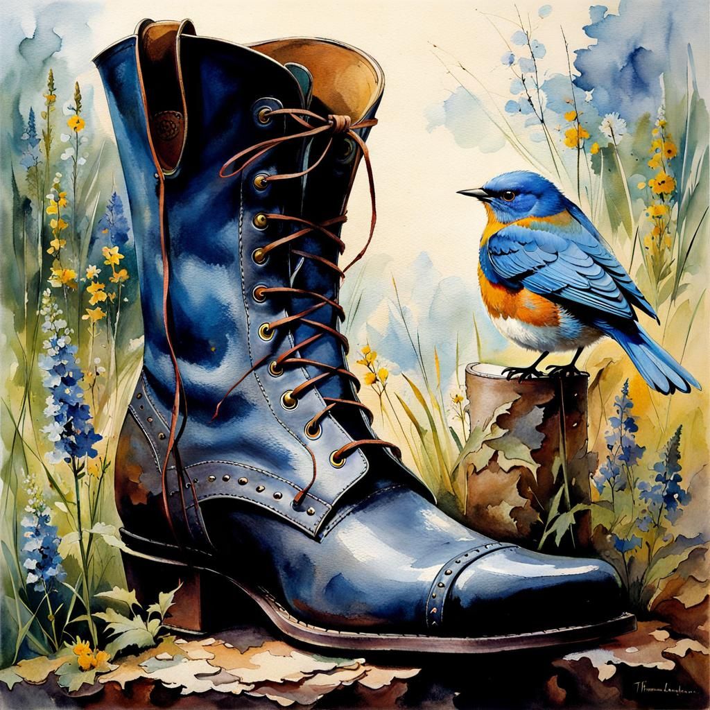 Bluebird Sings on Leather Boot Among Wildflowers