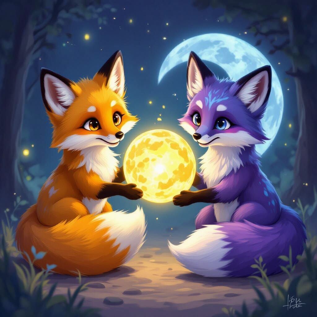 Sun and Moon Foxes Circling Luminous Orb in Fantasy Style